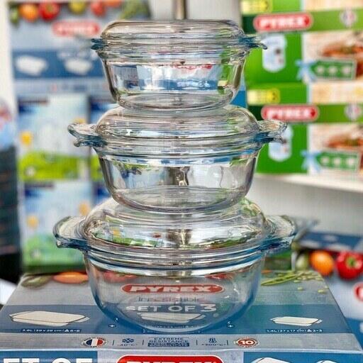 ست سه قابلمه پیرکس اصل فرانسه (کف حک شده)-سه قابلمه پیرکس فرانسه